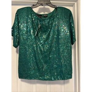 Vtg Jewel Queen Sequined 100% Silk Boxy Top  80s 90s SIZE 2X Holiday Green New